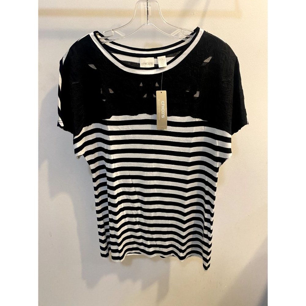 NWT Chico's T-shirt top Epic Stripe black/white solid cotton, Size 0, round neck